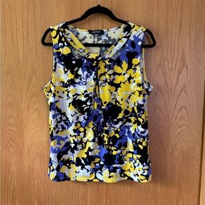 Nine West Yellow and Blue Sleeveless Tie Front Blouse